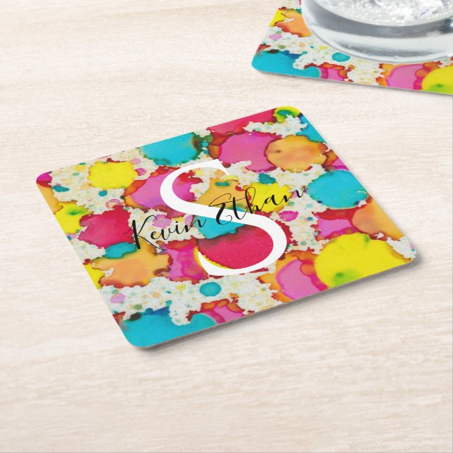 BM Bar Bat Mitzvah Confetti Square Paper Coaster (Angled)