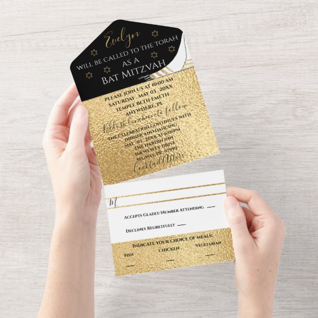 BM Bar Bat Mitzvah Elegant Gold All In One Invitation (Tearaway)