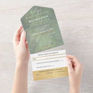 BM Bar Bat Mitzvah Greens Silvers All In One Invitation