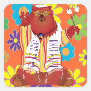 BM Bar Bat Mitzvah Hippie Happy Bear Square Sticker