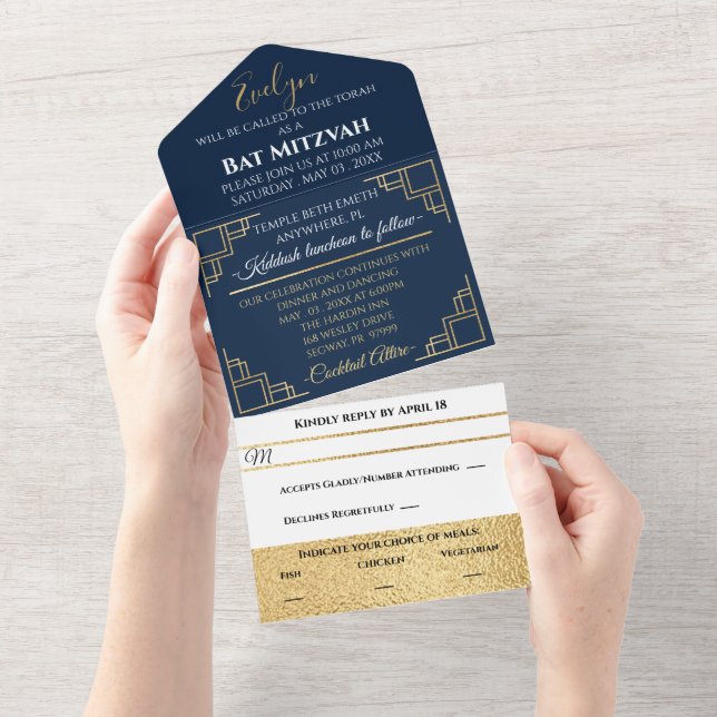 BM Bar Bat Mitzvah Navy Art Deco  All In One Invitation (Tearaway)