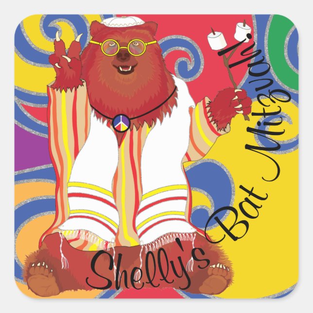 BM Bar Bat Mitzvah Sitting Hippie Bear Square Sticker (Front)