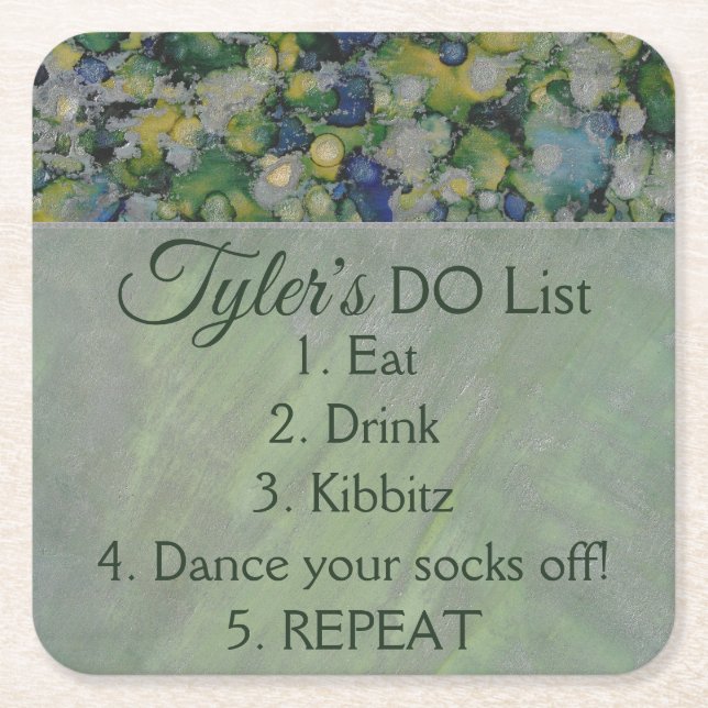 BM Bar or Bat Mitzvah Greens Silvers Square Paper Coaster (Front)