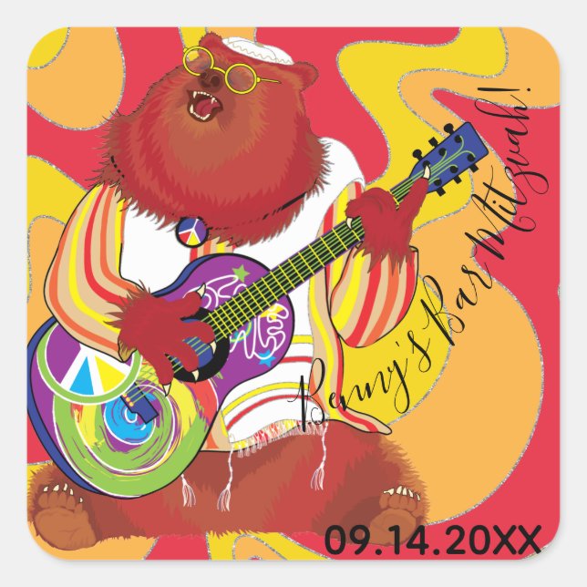 BM Bar or Bat Mitzvah Sticker Square Singing Bear (Front)
