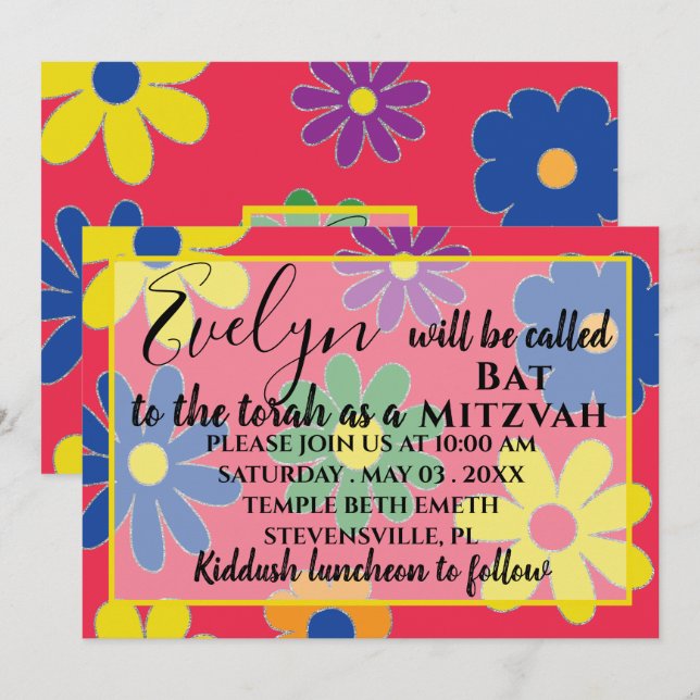 BM Bat N Bar Mitzvah Invitation Super Fleur (Devant / Derrière)