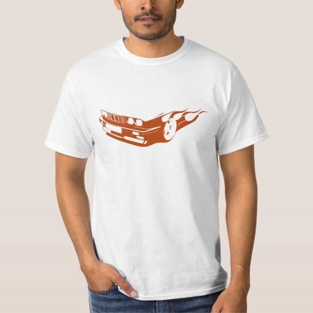 bmw e30 on flame t shirt (Front)