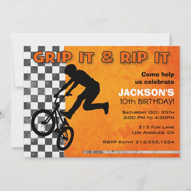 BMX Bike Boys Birthday Party Orange Invitation (Front)