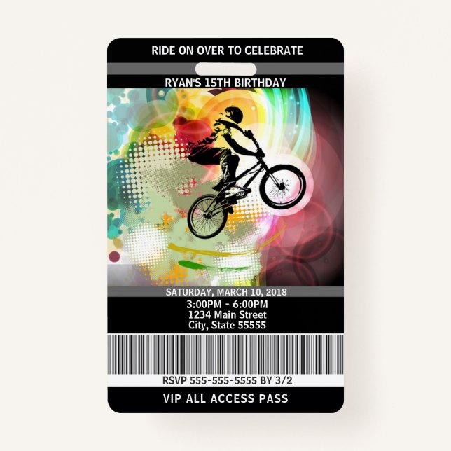 BMX Birthday Invitation VIP Pass Badge (Front)