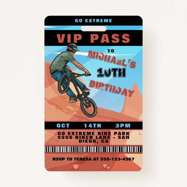 BMX Racing BIke Birthday Invitaiton Badge (Front)