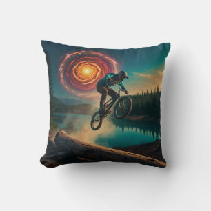 BMX Rider by a Forest Lake Throw Pillow