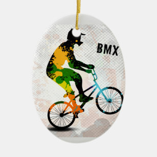 BMX Rider in Abstract Paint Splatters SQ WITH TEXT Ceramic Ornament
