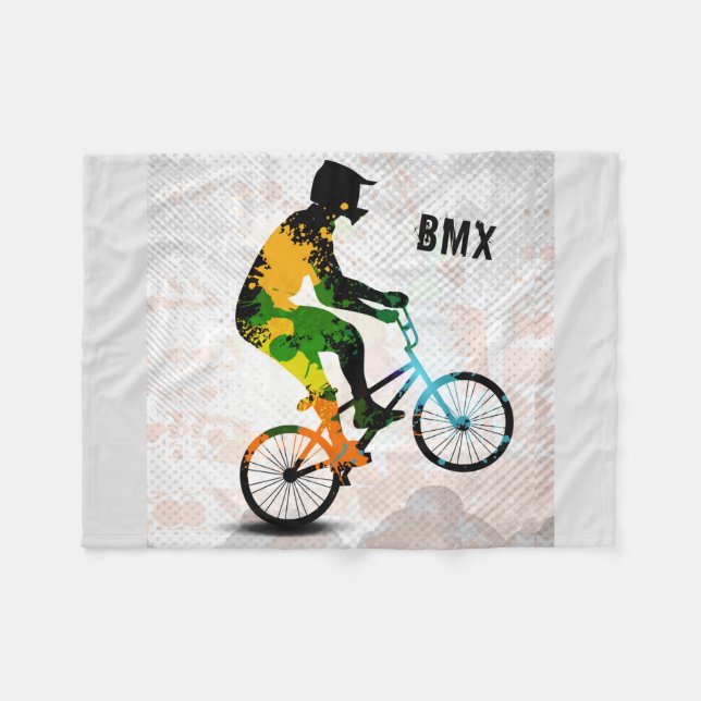 BMX Rider in Abstract Paint Splatters SQ WITH TEXT Fleece Blanket (Front (Horizontal))