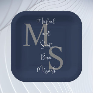 B'nai Mitzvah Blue White Burgundy Name Monogram Paper Plate