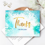 B'nai Mitzvah Gold Turquoise Watercolor Thank You Postcard<br><div class="desc">Make sure your favourite B’nai Mitzvahs show their appreciation to all who supported their milestone event! Send out this stunning, modern, personalized thank you postcard. Sparkly gold faux foil calligraphy script and blue confetti dots overlay a turquoise blue watercolor background. On the front, personalize with your B’nai Mitzvahs’ names. Add...</div>
