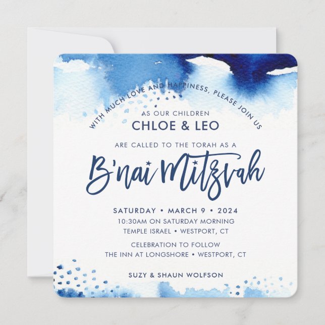 B'NAI MITZVAH INVITATION lettré à la main bleu aqu (Devant)