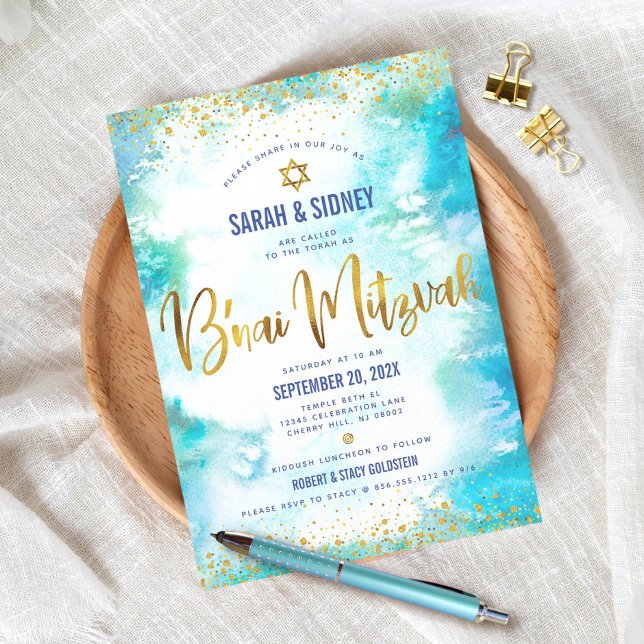 B'nai Mitzvah Modern Gold Turquoise Watercolor Invitation (Creator Uploaded)