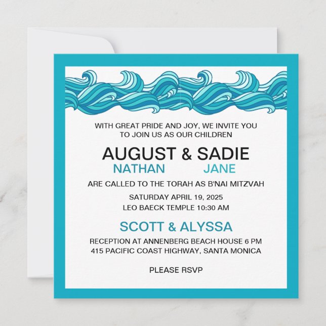 B'nai Mitzvah modern ocean beach blue invitation (Front)