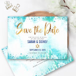 B'nai Mitzvah Turquoise Watercolor Gold Script Save The Date<br><div class="desc">Make sure all your friends and relatives will be able to celebrate your children’s milestone B’nai Mitzvah! Send out this stunning, modern, personalized “Save the Date” announcement card. Sparkly gold faux foil calligraphy script and Star of David, along with blue confetti dots, overlay a turquoise watercolor background. Your custom message...</div>