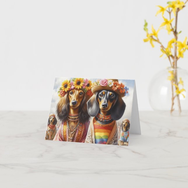 Bo Ho Dachshund Hippie Card (Yellow Flower)