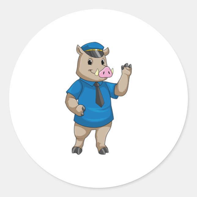 Boar as Police officer with Police hat Classic Round Sticker (Front)