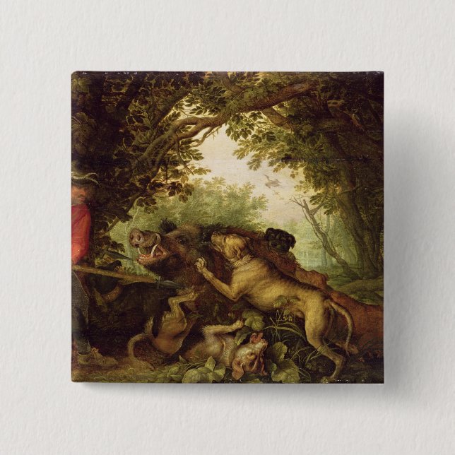 Boar Hunt, 1611 2 Inch Square Button (Front)