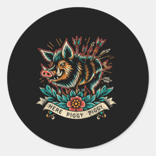 Boar Hunter Here Piggy Men's Vintage Wild Hog Tatt Classic Round Sticker
