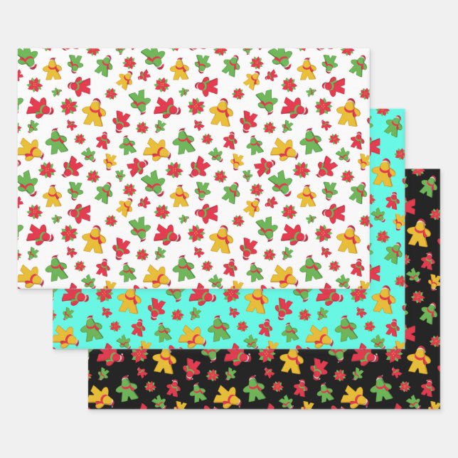 Board Game Meeple and Poinsettia Christmas Pattern Wrapping Paper Sheet (Set)