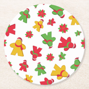 Board Game Meeple Christmas Pattern Round Paper Coaster