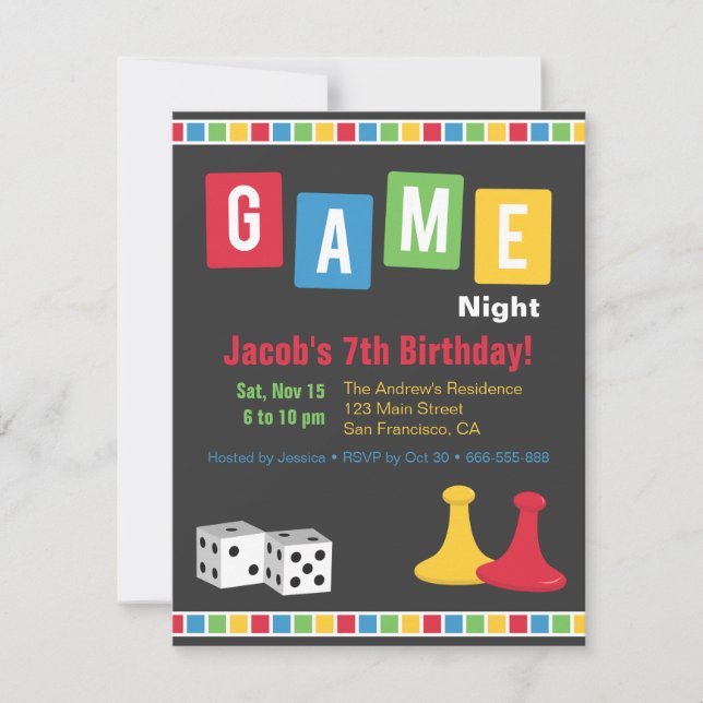 Board Game Night Kids Birthday Party Invitations (Front)