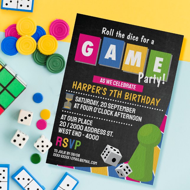 Board Game Party Invitation  (Board Game Party - Get ready to level up the celebration as we roll the dice, spin the spinner!)