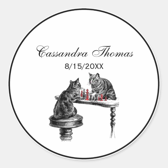 Board Games Two Cats playing Chess Match Red Classic Round Sticker (Front)