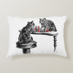 Board Games Two Cats playing Chess Match Red Decorative Pillow