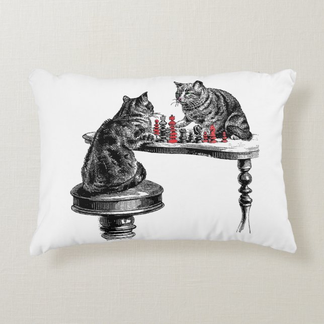 Board Games Two Cats playing Chess Match Red Decorative Pillow (Front)