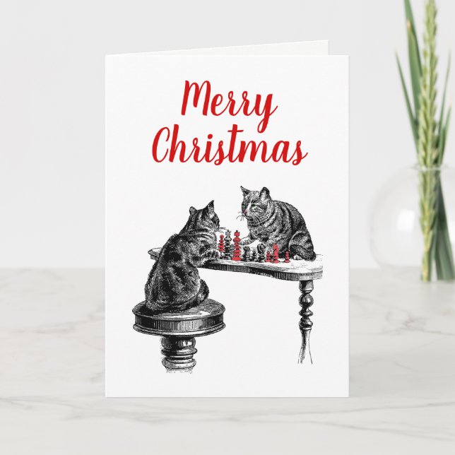 Board Games Two Cats playing Chess Match Red Holiday Card (Front)