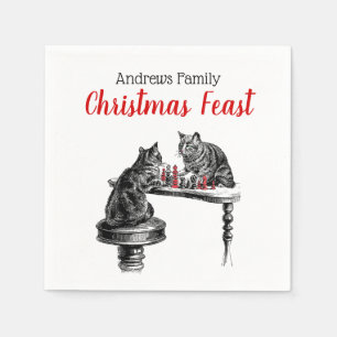 Board Games Two Cats playing Chess Match Red Napkin