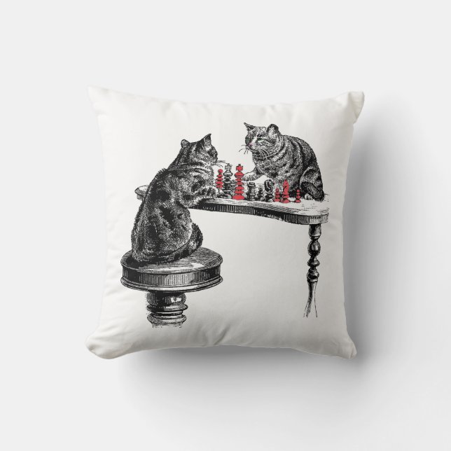 Board Games Two Cats playing Chess Match Red Throw Pillow (Front)