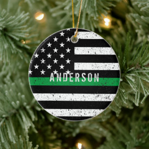 Boarder Patrol distressed Thin Green Line w/ name Ceramic Ornament