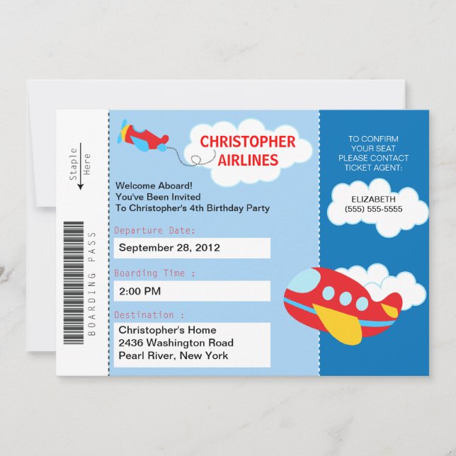 Boarding Pass Airplane  Birthday Party Invitation (Front)