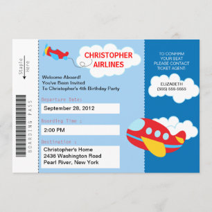 Boarding Pass Airplane  Birthday Party Invitation
