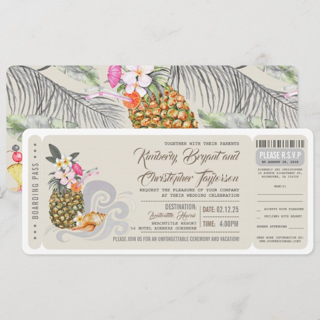 Boarding Pass | Beach Pineapple | Wedding Ticket Invitation (Front/Back)