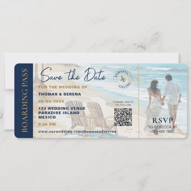Boarding Pass Beach Save The Date QR Code Wedding Invitation (Front)