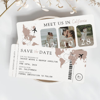 Boarding Pass Beige Neutral 3 Photos Wedding Save The Date