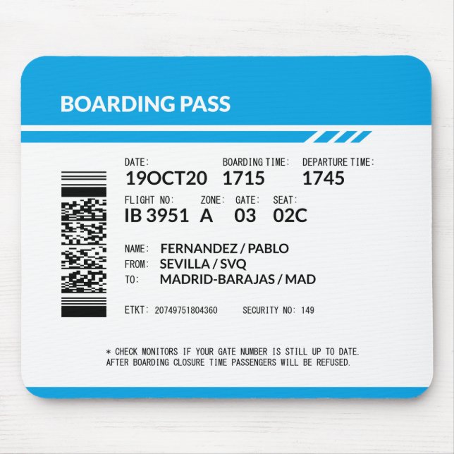 Boarding Pass (blue) Mouse Pad (Front)