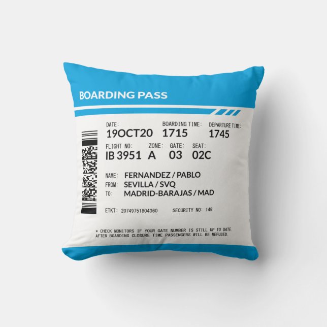 Boarding Pass (blue) Throw Pillow (Front)