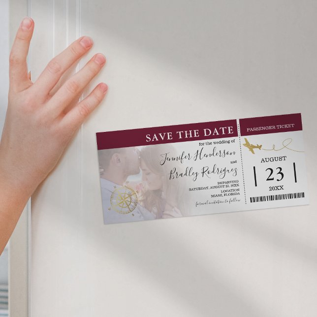 Boarding Pass | Burgundy Save the Date Photo Magnetic Invitation (Creator Uploaded)