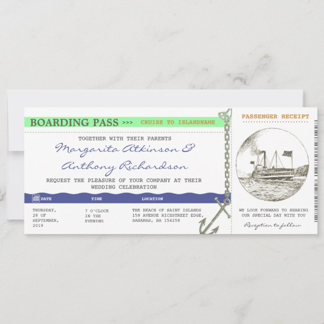 boarding pass cruise wedding - navy & mint invitation (Front)