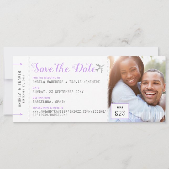 Boarding Pass Destination Lilac Save the Date (Front)