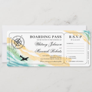 Boarding Pass Destination Watercolor Ocean Wedding Invitation