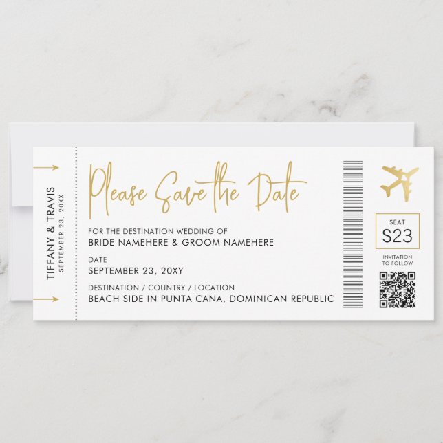 Boarding Pass Destination Wedding Elegant Gold Save The Date (Front)