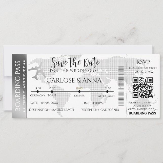  Boarding Pass Destination Wedding QR code  Invitation (Front)